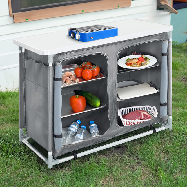 Grey Portable Camping Kitchen BBQ Table Cabinet Storage
