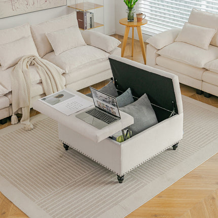 Square Linen Upholstered Storage Ottoman with Lift-Top & Flip Design