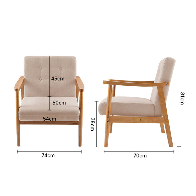 Accent Linen Fabric Buttoned Armchair Wooden Frame Beige