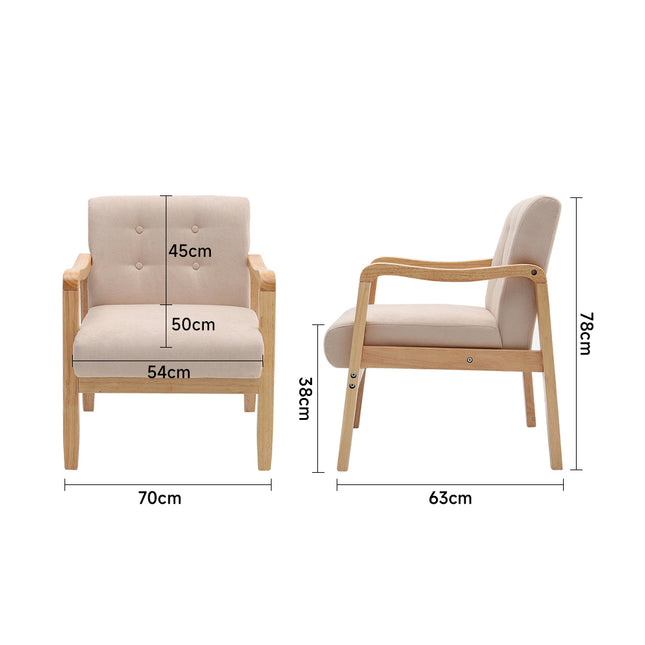 Modern Linen Fabric Buttoned Armchair Soild Wooden Frame Beige