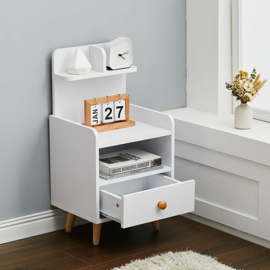 White Wooden Bedside Table with a Shelf and Drawer