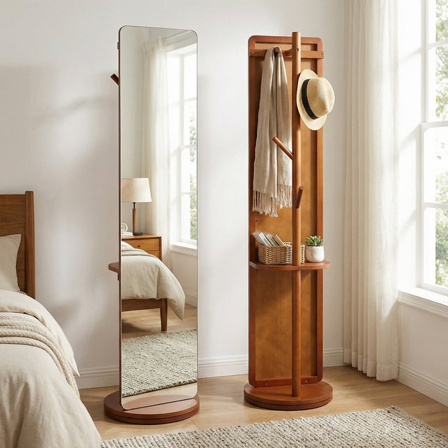 360° Rotating Full-Length Mirror with Coat Rack