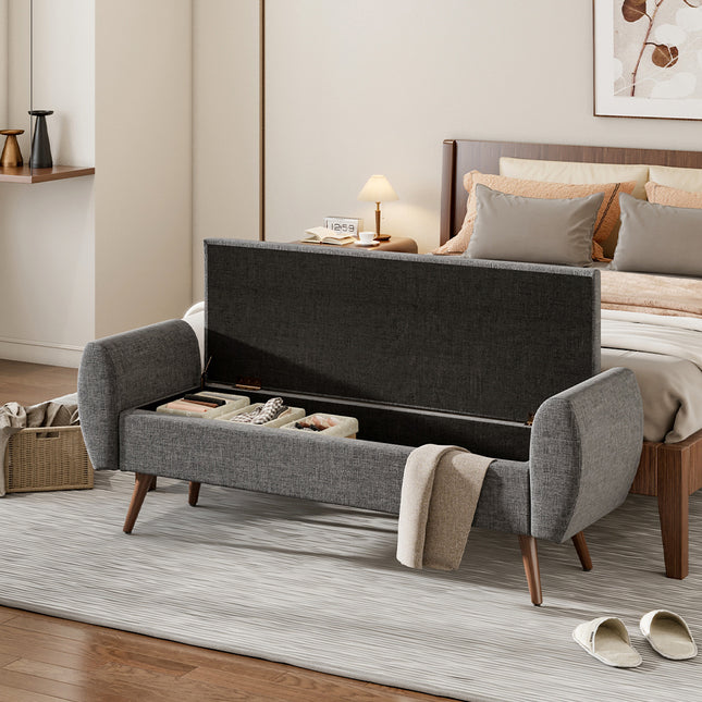 Linen Upholstered Storage Bench Grey 151x55cm