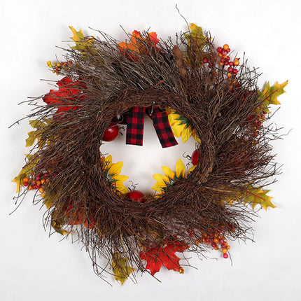 Prelit Autumn Wreath with Artificial Maple Leaves and Sunflowers