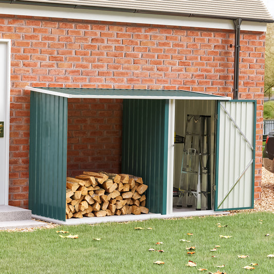 Steel Outdoor Garden Storage Shed with Log Stacking Rack Green