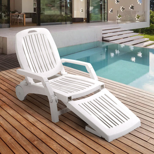 White Outdoor Folding Lounge Chair Recliner with Wheels