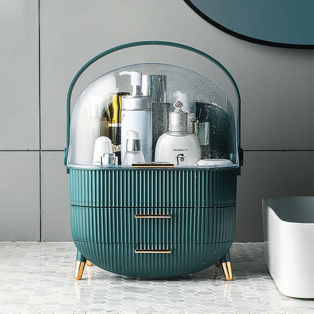 Green Elegant Makeup Storage Organizer Box with Drawers and Handle