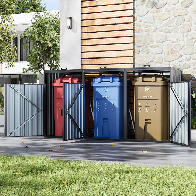 Outdoor Metal Garbage Can Garden Storage Shed with Three Doors