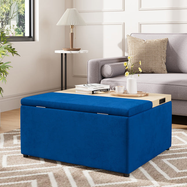 Blue Velvet Upholstered Storage Ottoman Stool