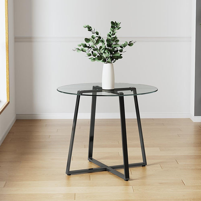Black Modern Round Dining Table with Tempered Glass Top 90×75cm