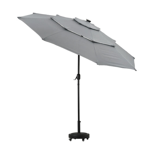 Light Grey Outdoor Parasol 3 Tier Umbrella Sun Shade Crank Tilt with Solar Lights and Round Base