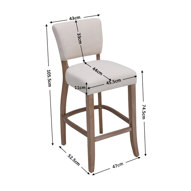 Set of 2 Height Linen Bar Stool for Kitchen, 105cm H Beige
