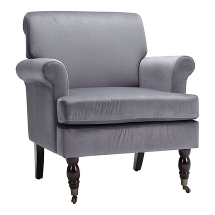 Contemporary Velvet Armchair with Wood Legs and Front Casters