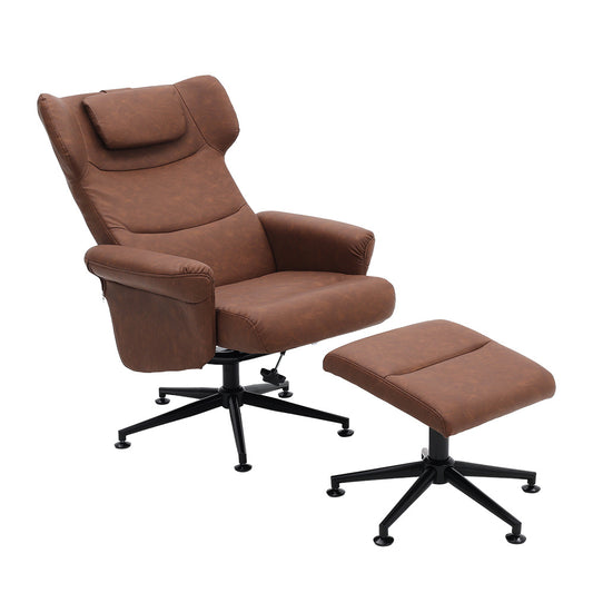 Brown Faux Leather Swivel Recliner Armchair with Footstool
