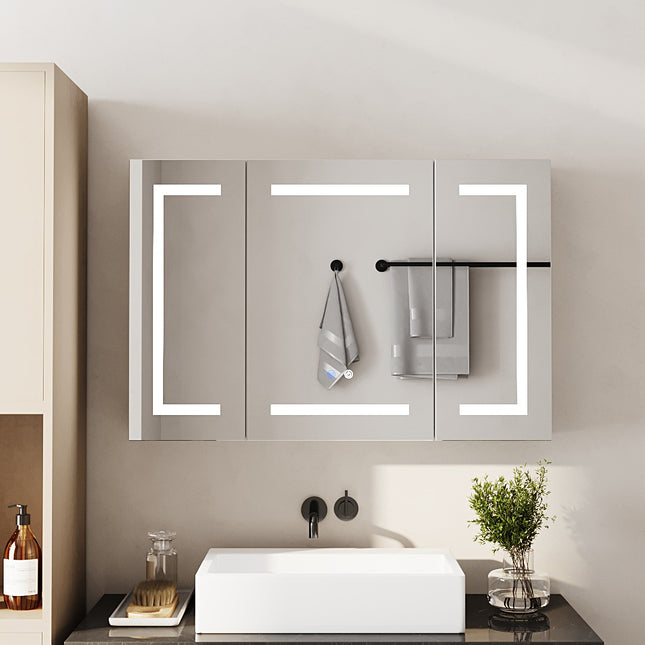 Triple-Door Bathroom Mirror Cabinet with LED Lighting