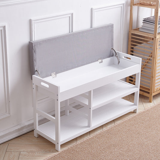 White Wood Shoe Storage Bench with Padded Seat