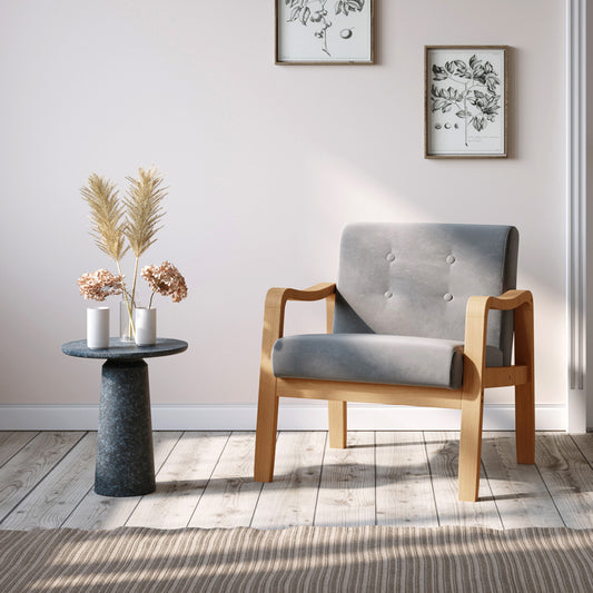 Modern Linen Fabric Buttoned Armchair Soild Wooden Frame Grey