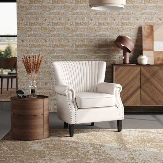 White Deep Upholstered Armchair with Wooden Legs