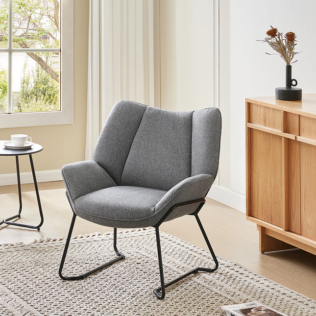 Grey 70cm Minimalist Linen Armchair with Black Iron legs