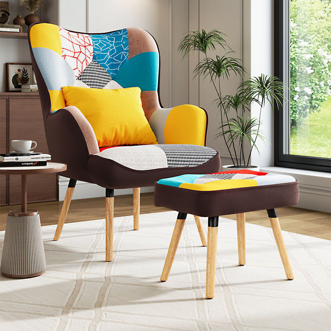 Upholstered Wingback Armchair with Footrest and Cushion