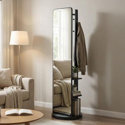 360° Rotating Full-Length Mirror with Coat Rack