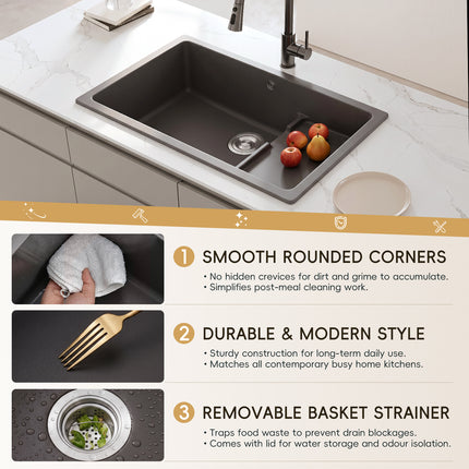 Modern Quartz Resin Composite Kitchen Sink with Waste Kit, No Tap Hole