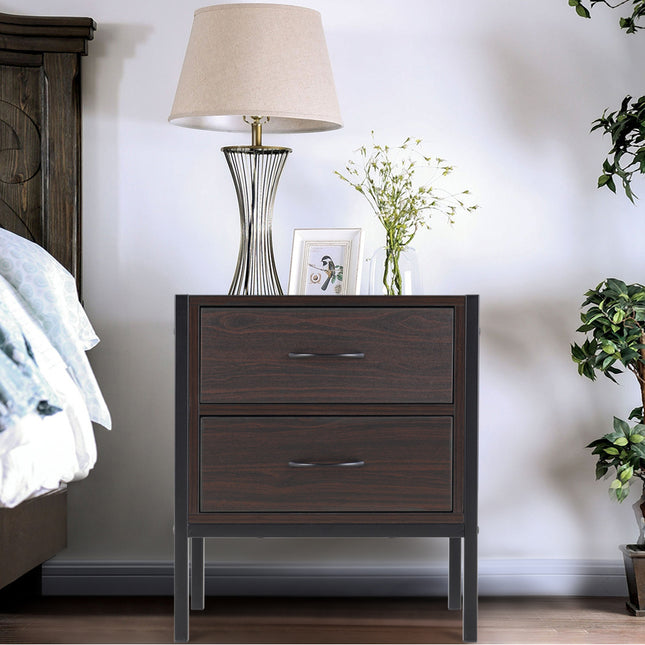Dark Brown Retro Style Wooden Bedside Cabinet with 2 Drawers 50 cm H