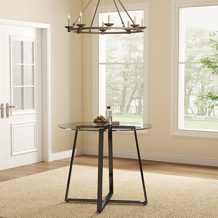 Black Modern Round Dining Table with Tempered Glass Top