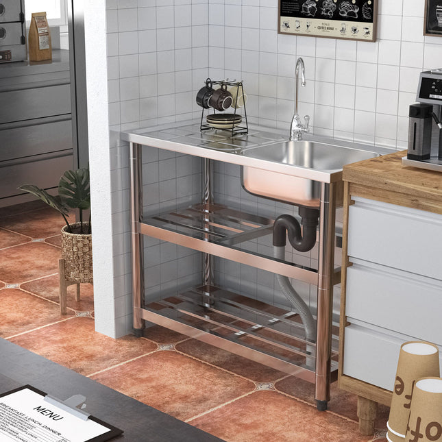 Stainless Steel Divider Sink with a Shelf and Drainboard