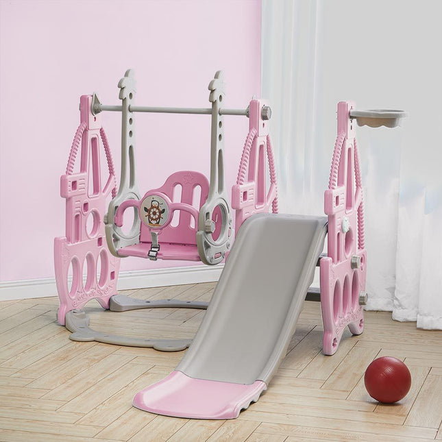 3 in 1 Kids Garden Climber Slide & Swing Set Basketball Hoop Children Playground Pink