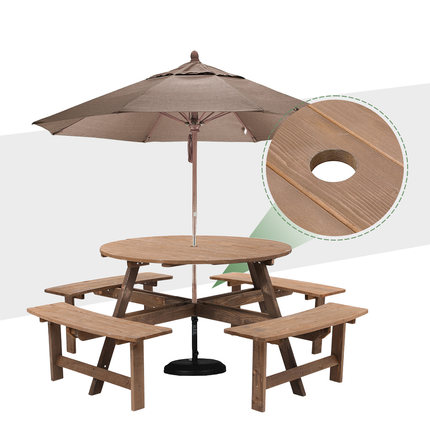 8 Person Round Wood Picnic Table and Bench Set