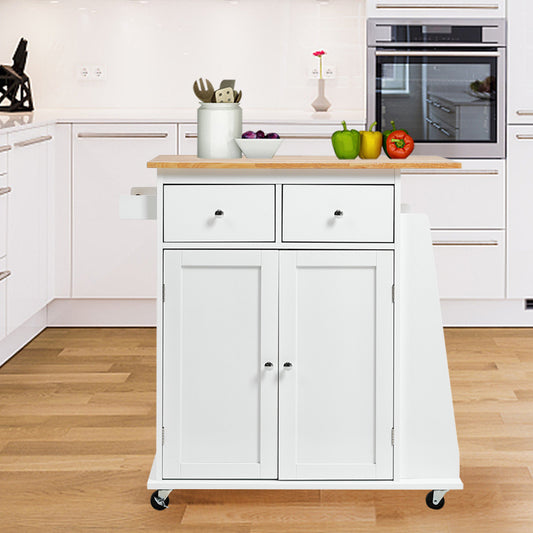 White Rolling Kitchen Trolley with Rubber Wood Top