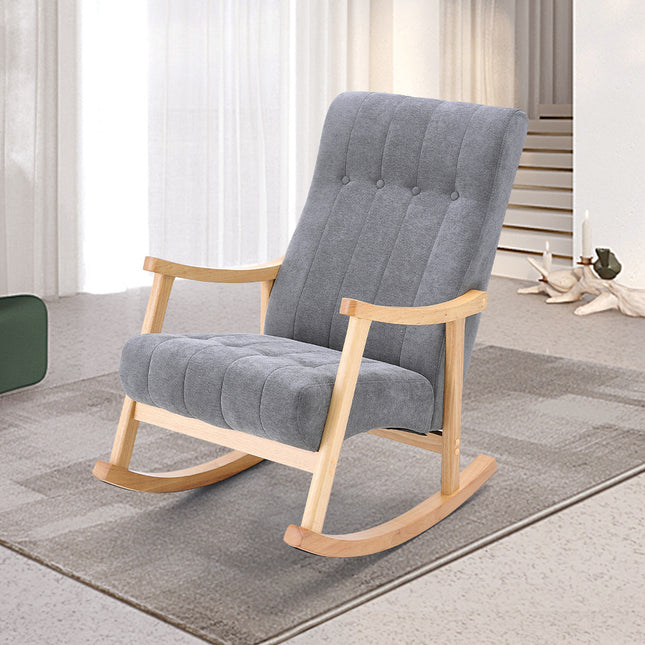 Dark Grey Velvet Upholstered Tufting Rocking Chair with Rubberwood Frame