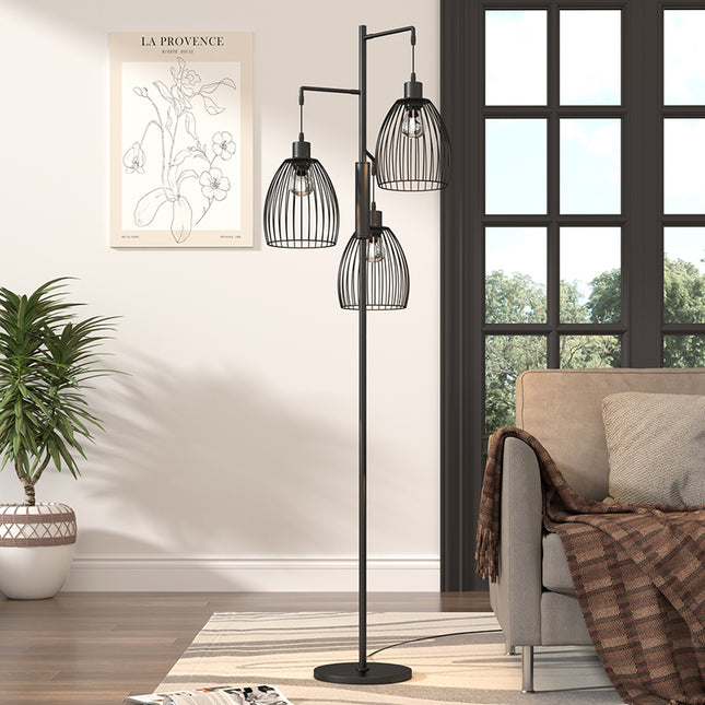 Black Modern Industrial Style 3-head Floor Lamp with Irregular Shade