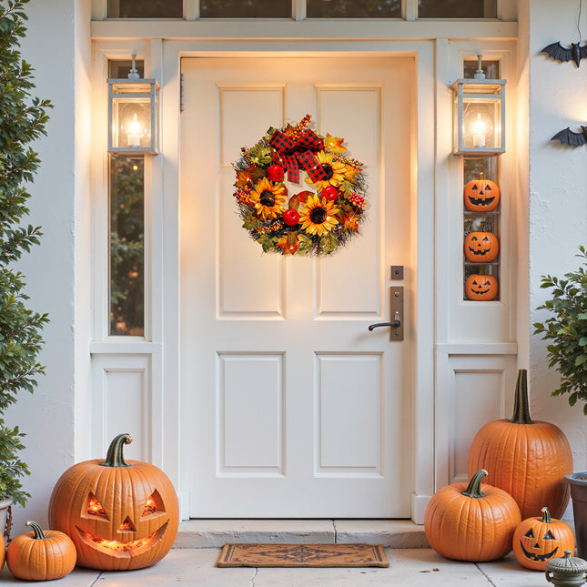 Prelit Autumn Wreath with Artificial Maple Leaves and Sunflowers