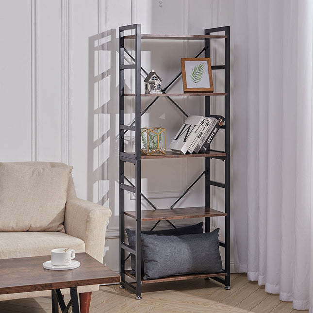 Brown 5 Tier Vintage Open Bookshelf Storage Display Shelving Unit