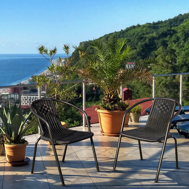Outdoor Patio Metal Coffee Wicker Dining Chairs Set of 2 Black