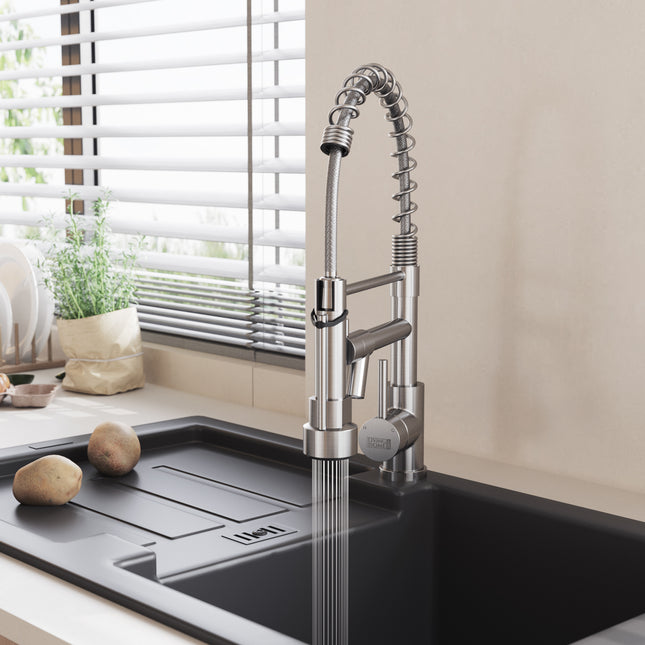 Stainless Steel Kitchen Faucet with Pull Down Spring Spout and Pot Filler