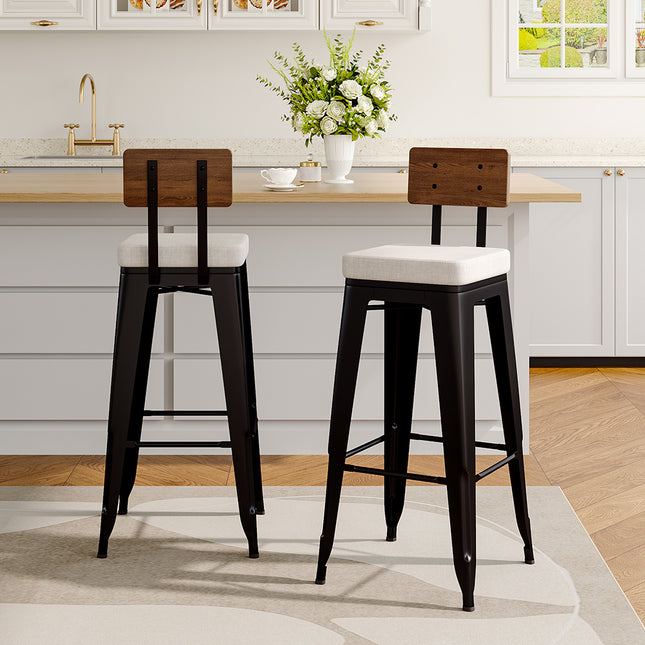 Two pieces of white metal breakfast bar stools with backrests and cushions 106cm H