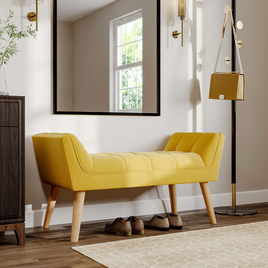 Yellow Tufted Fabric Bed Bench Upholstered Footstool