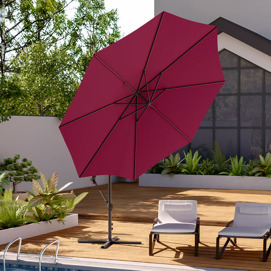 Garden 3M Wine Banana Parasol Cantilever Hanging Sun Shade Umbrella Shelter with Cross Base