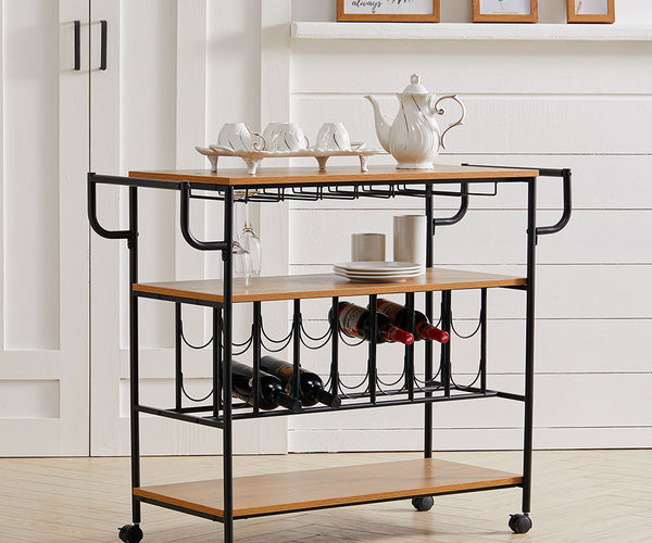 3 Tier Kitchen Drinks Trolley Bottle Storage Rack Wheeled H85cm
