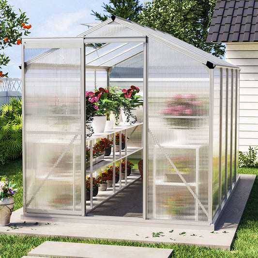 10ft x 6ft Greenhouse Polycarbonate Aluminium Greenhouse with Window, Sliding Door, and Foundation