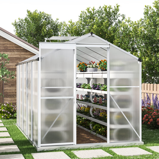 10ft x 6ft Greenhouse Polycarbonate Aluminium Greenhouse with Window and Sliding Door