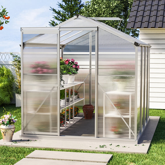 8ft x 6ft Greenhouse Polycarbonate Aluminium Greenhouse with Window, Sliding Door, and Foundation
