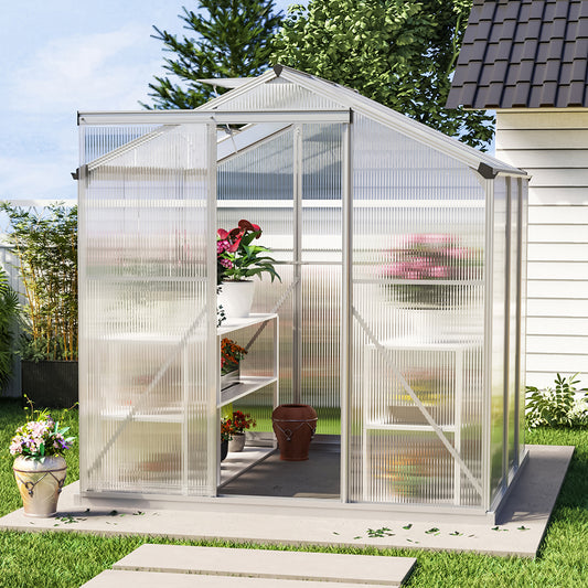 6ft x 6ft Greenhouse Polycarbonate Aluminium Greenhouse with Window, Sliding Door, and Foundation