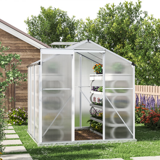 6ft x 6ft Greenhouse Polycarbonate Aluminium Greenhouse with Window and Sliding Door