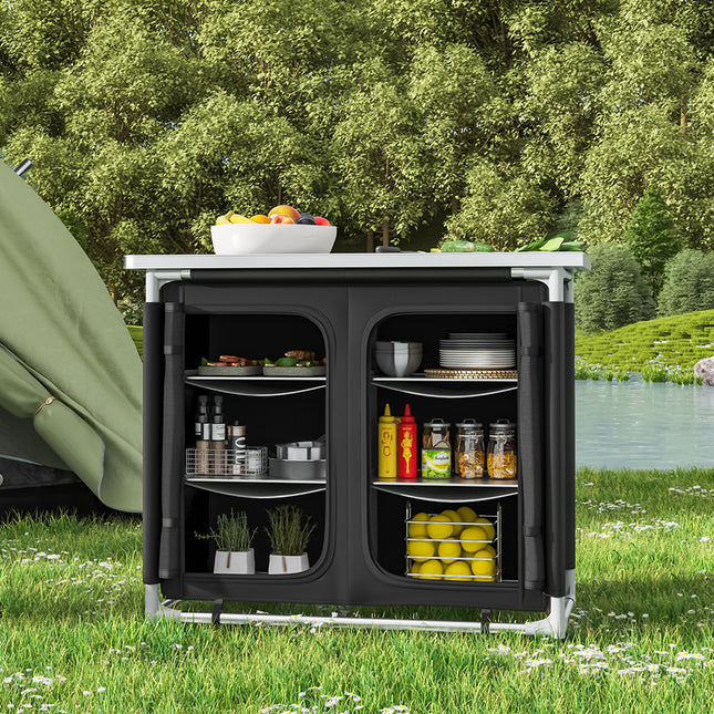 Large Camping Kitchen Cook Table Stand Folding Storage Unit Black 100x79cm H