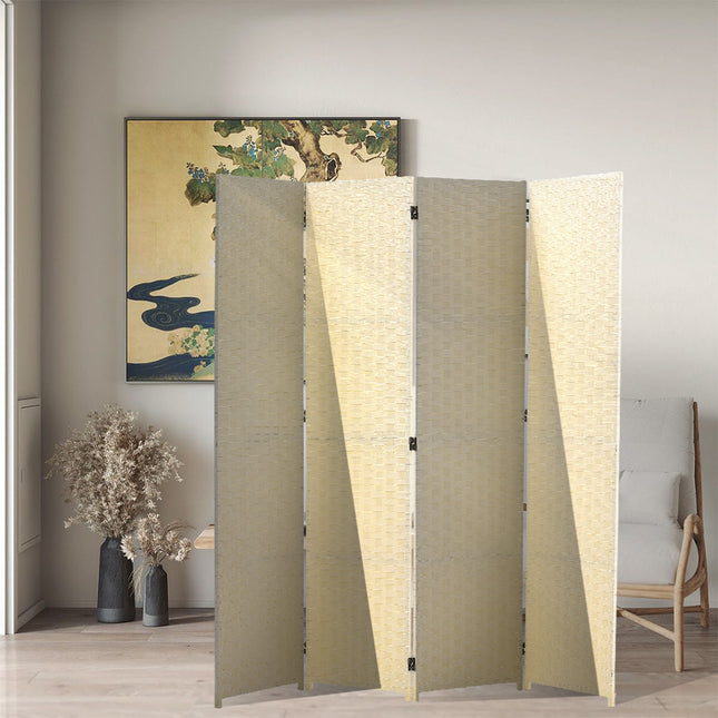 Folding room divider privacy screen with four panels made of ivory woven fiber