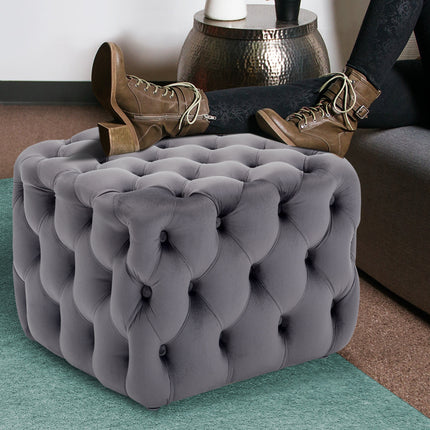 50CM Square Velvet Buttoned Footstool, Grey